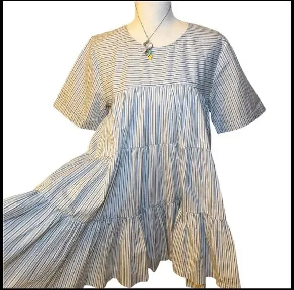 Free People Blue Stripe Babydoll Mini Dress Tiered Short Sleeve Size M NWT - Picture 4 of 8